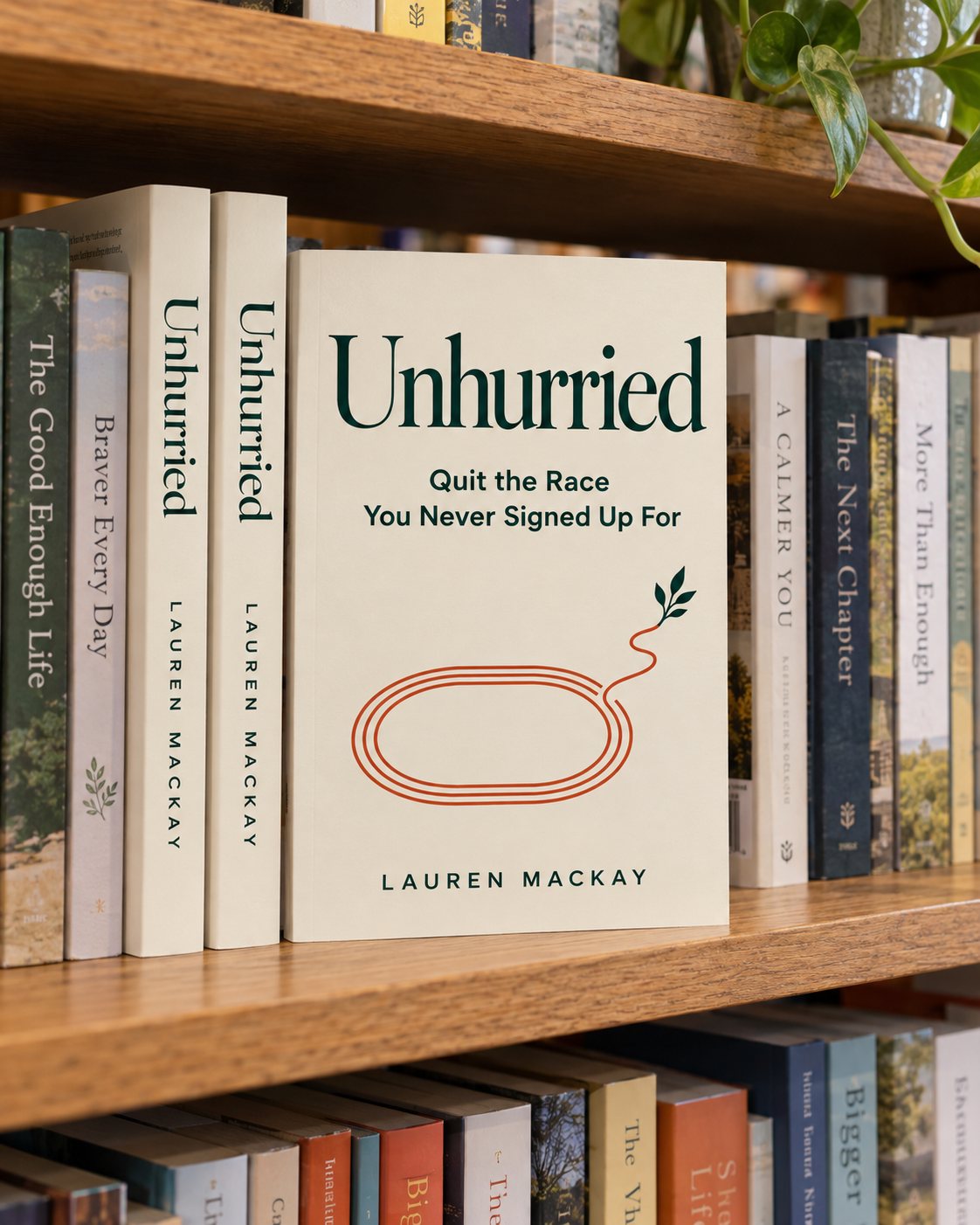 Unhurried by Lauren MacKay on a bookshelf