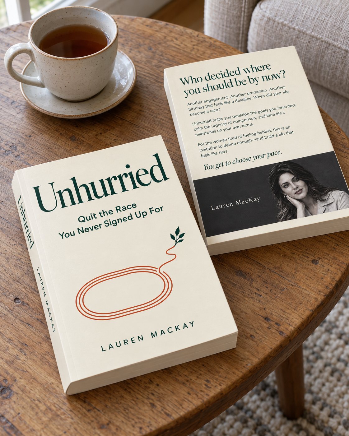 Front and back covers of Unhurried on a wooden table beside a cup of tea
