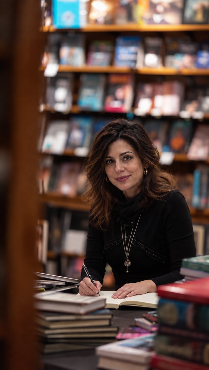 Lauren MacKay writing at a table in a bookstore